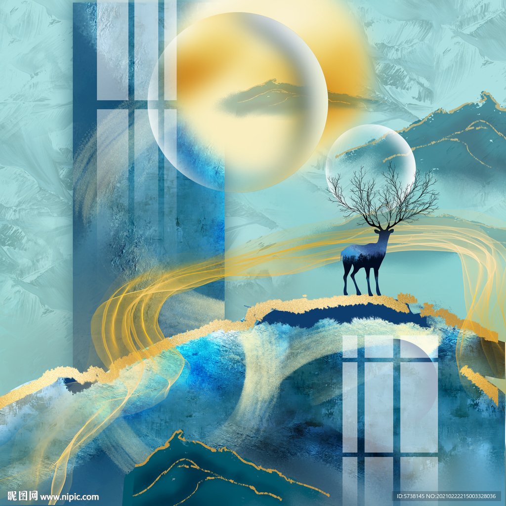 轻奢新中式山水年轮线条装饰画玄