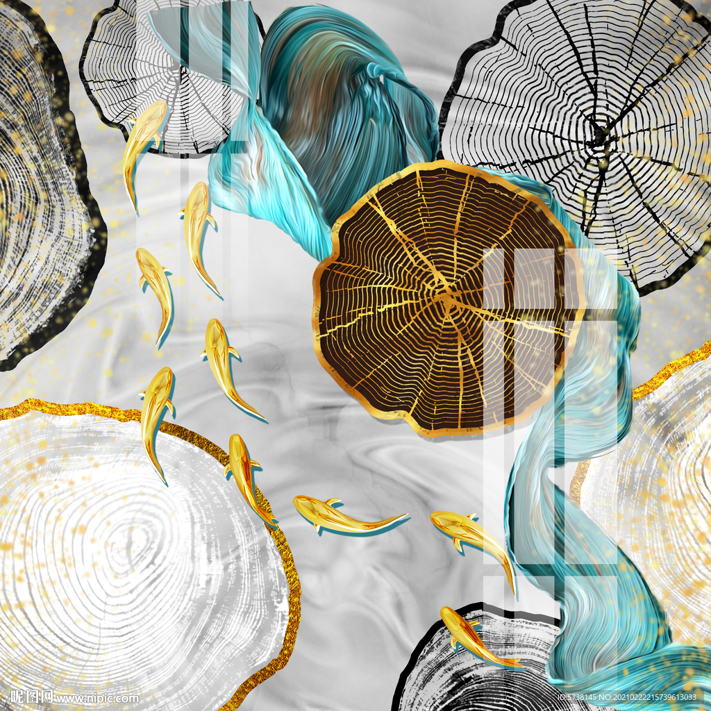 中式年轮线条富贵装饰画玄关电视