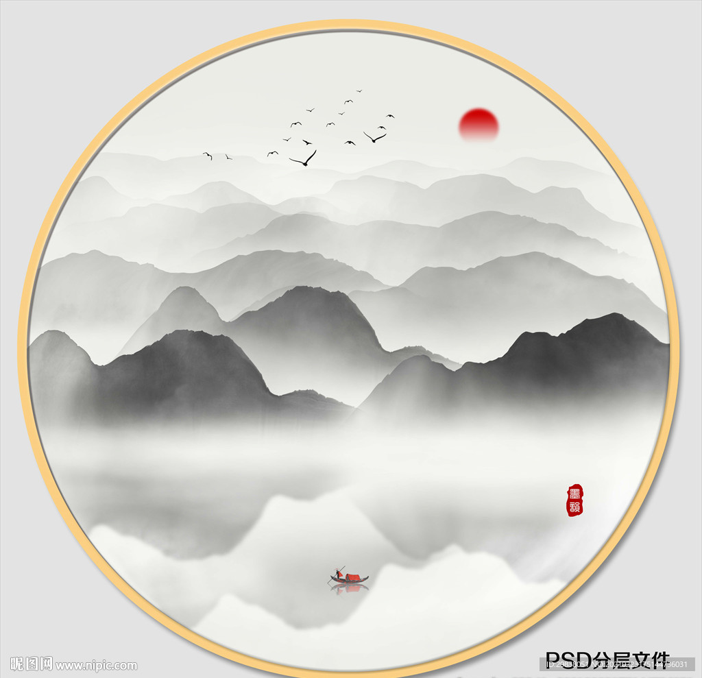 圆形水墨山水