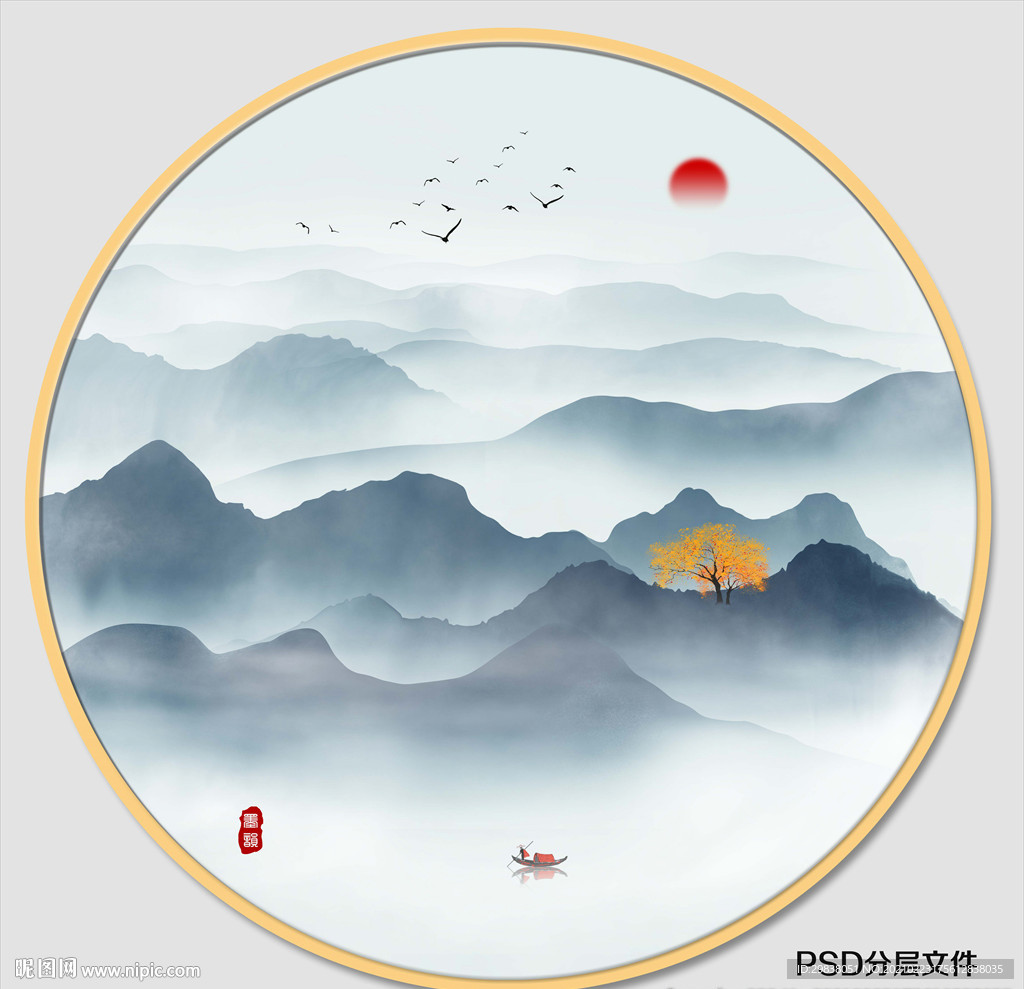 圆形水墨山水