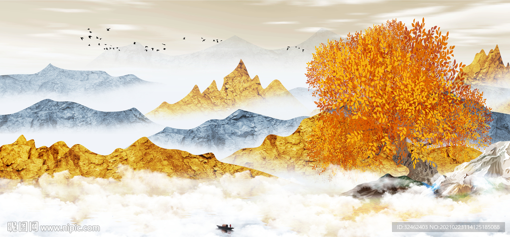 金色发财树山水画晶瓷画