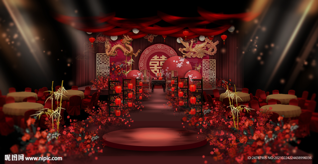 中式红金色龙凤婚礼效果图