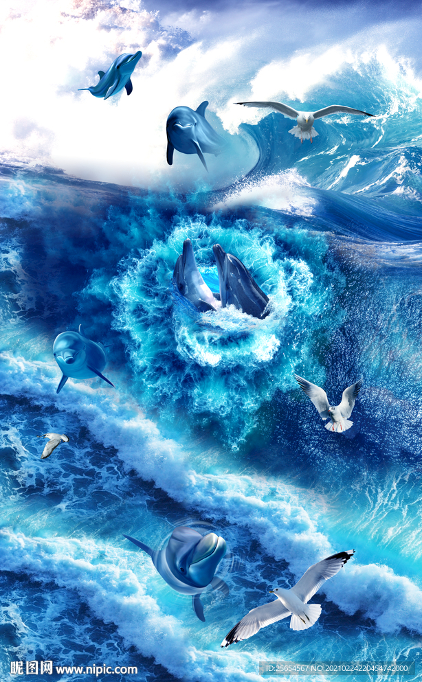 3D浴室地板海浪海豚地画