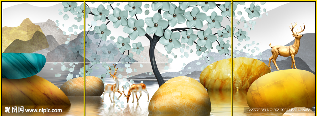 石来运转发财树麋鹿画