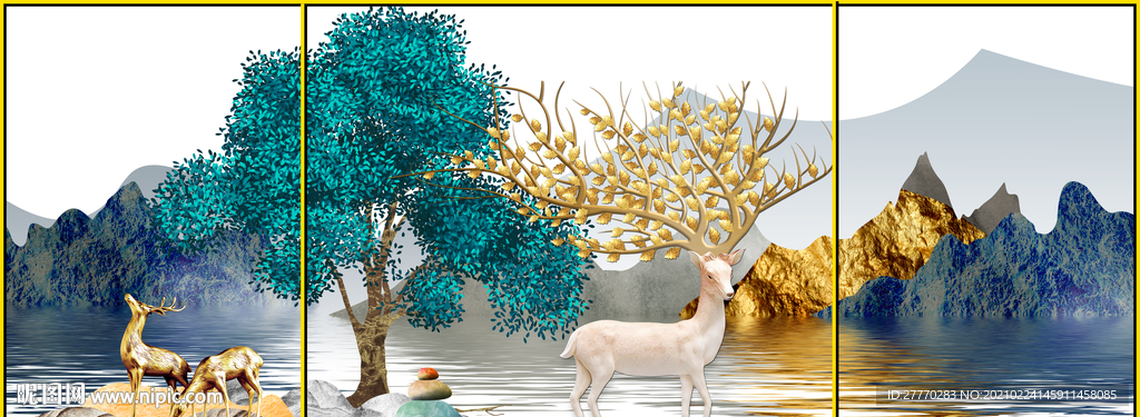 麋鹿发财树三联画