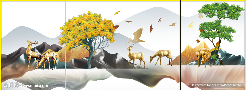 新中式发财树麋鹿装饰画