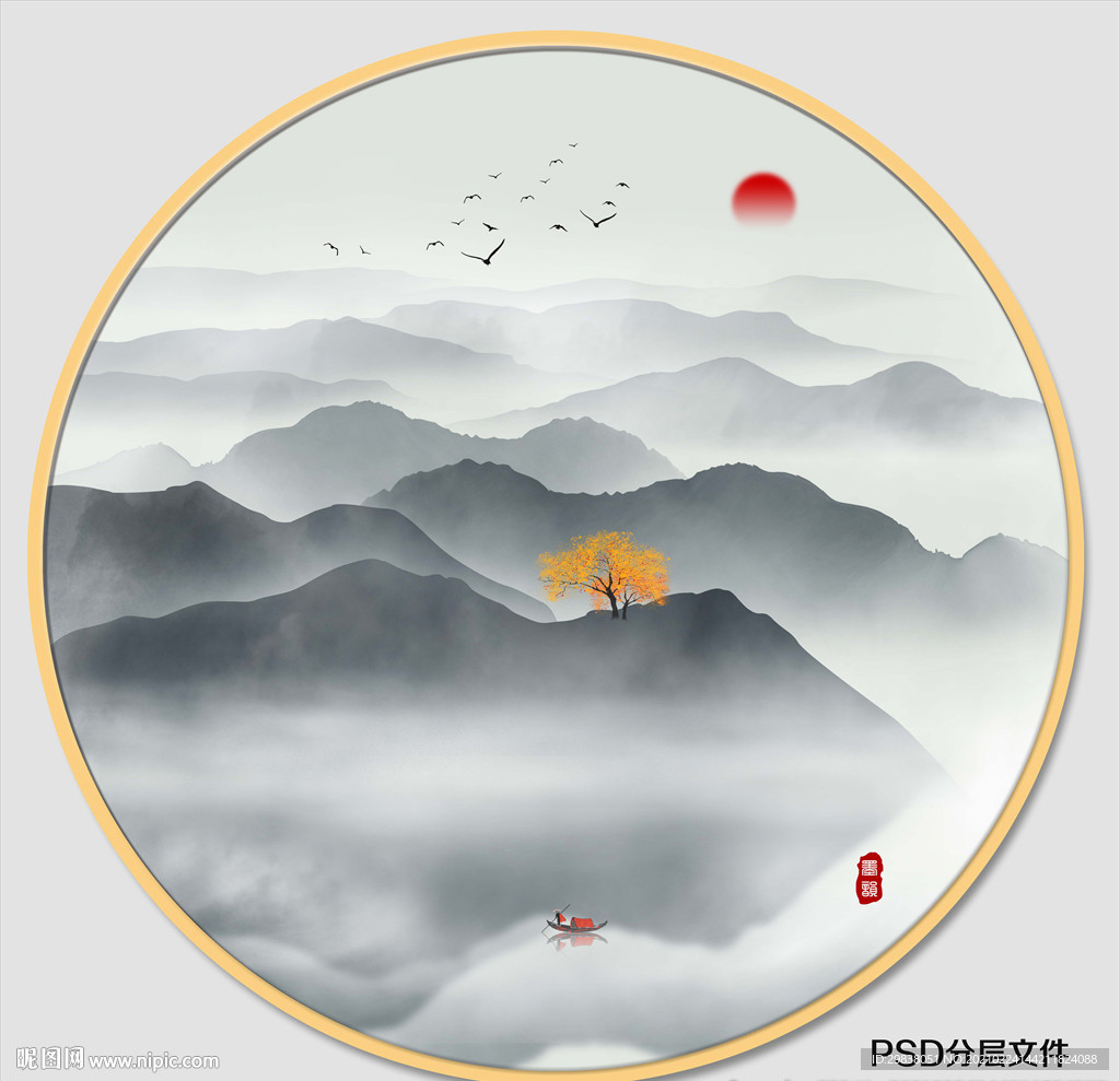 圆形水墨画