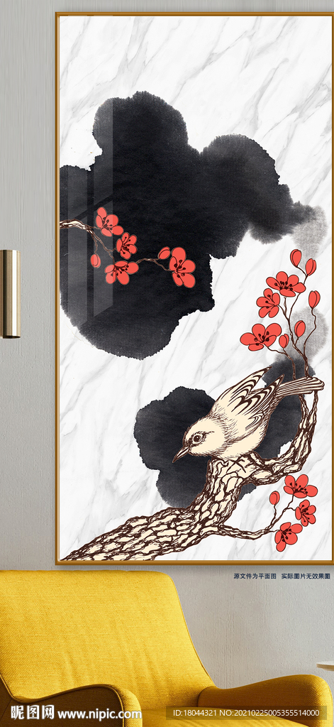 大理石纹花鸟水墨风装饰画玄关