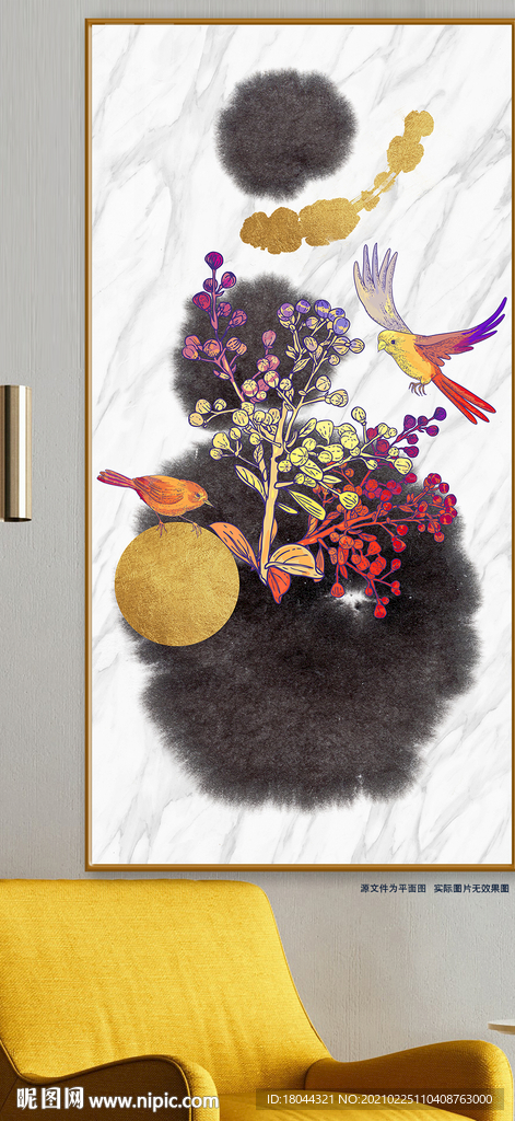 现代简约花鸟大理石纹装饰画玄关