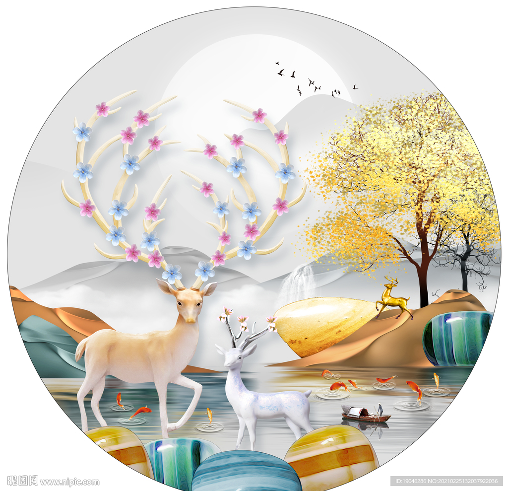 新中式山水麋鹿圆形装饰画