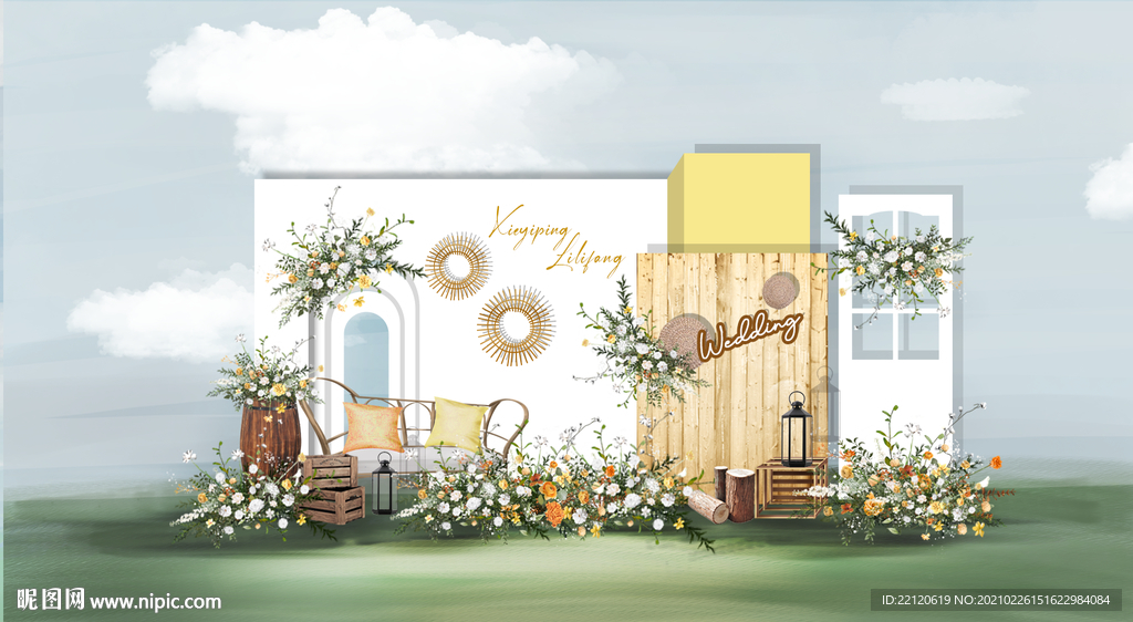 户外黄白撞色婚礼迎宾区