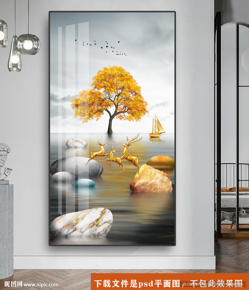 石来运转麋鹿轻奢玄关晶瓷画