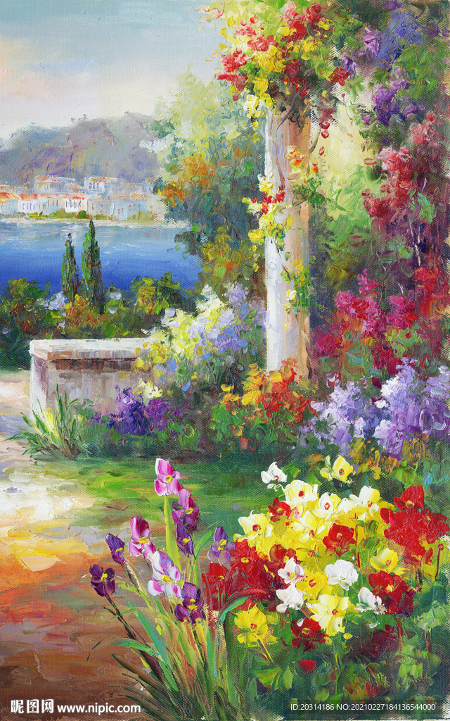 花园风景油画地中海装饰画