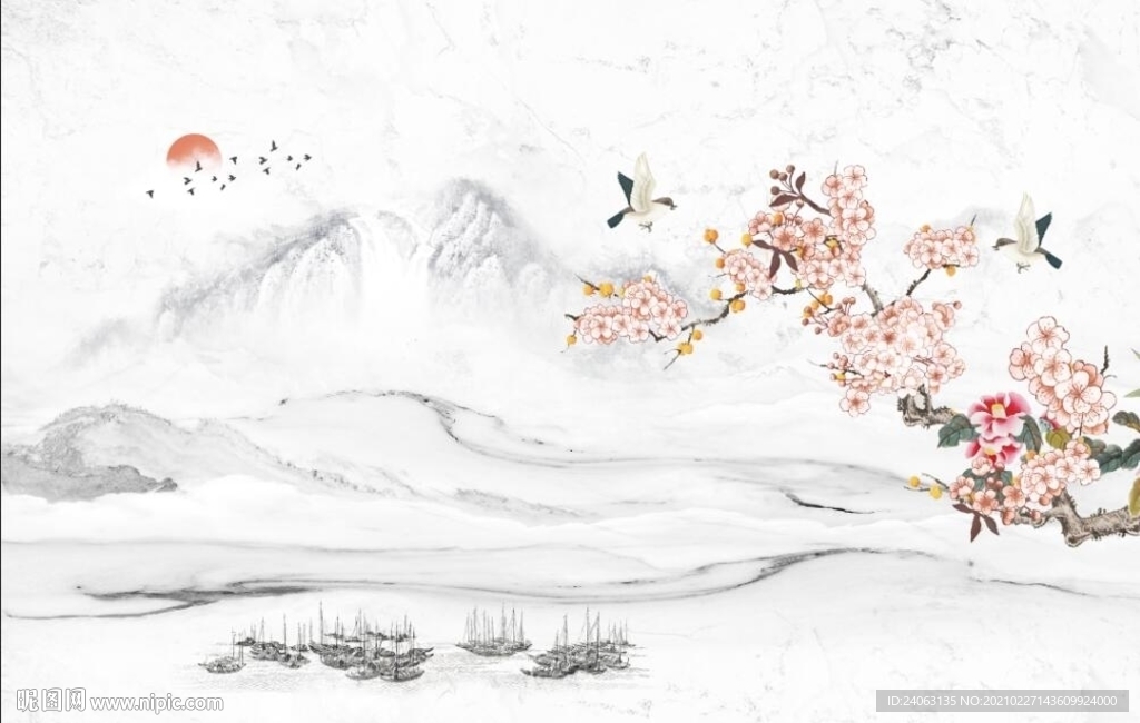 新中式工笔花鸟爵士白石纹背景墙