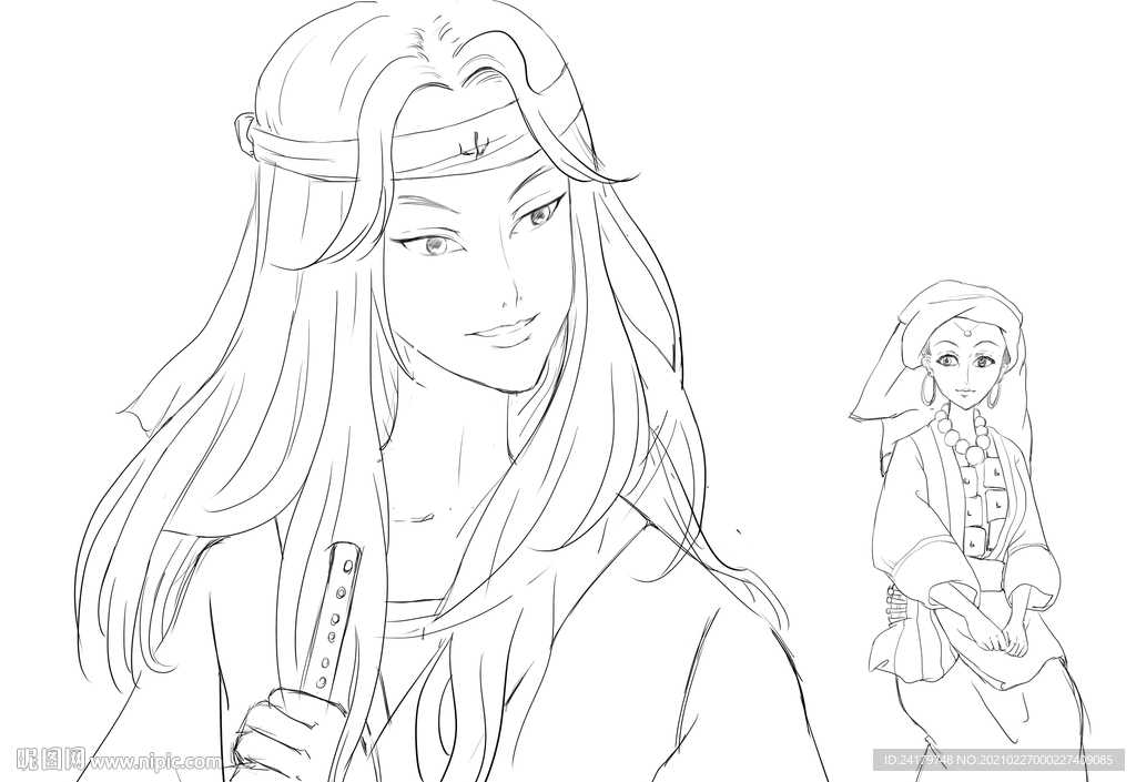 手绘苗族回眸漫画线稿