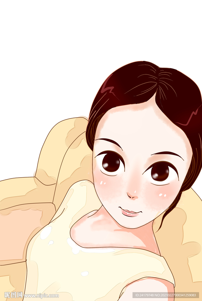 手绘女孩坐沙发自拍像漫画