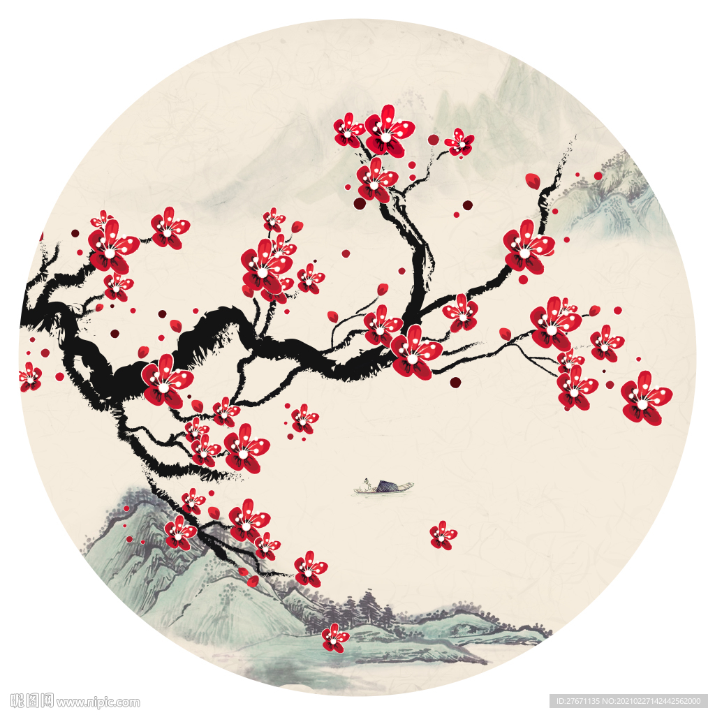 新中式山水红梅圆形装饰画