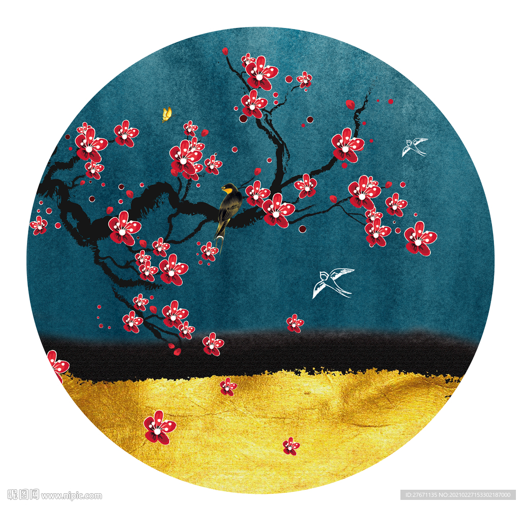 新中式红梅花鸟装饰画