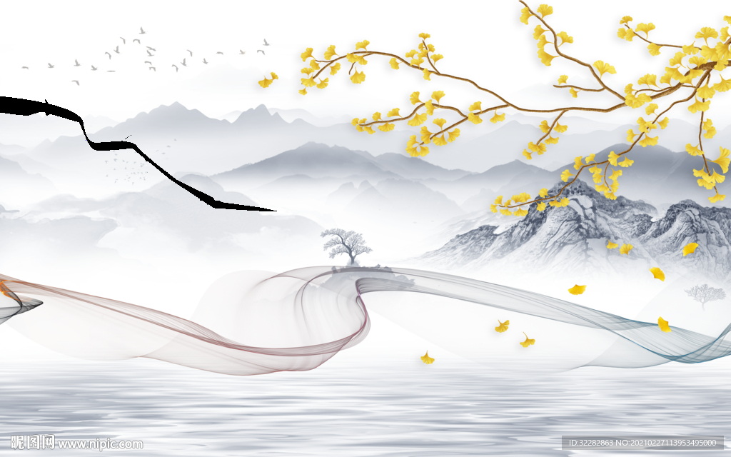 银杏 高档山水画 文件分层