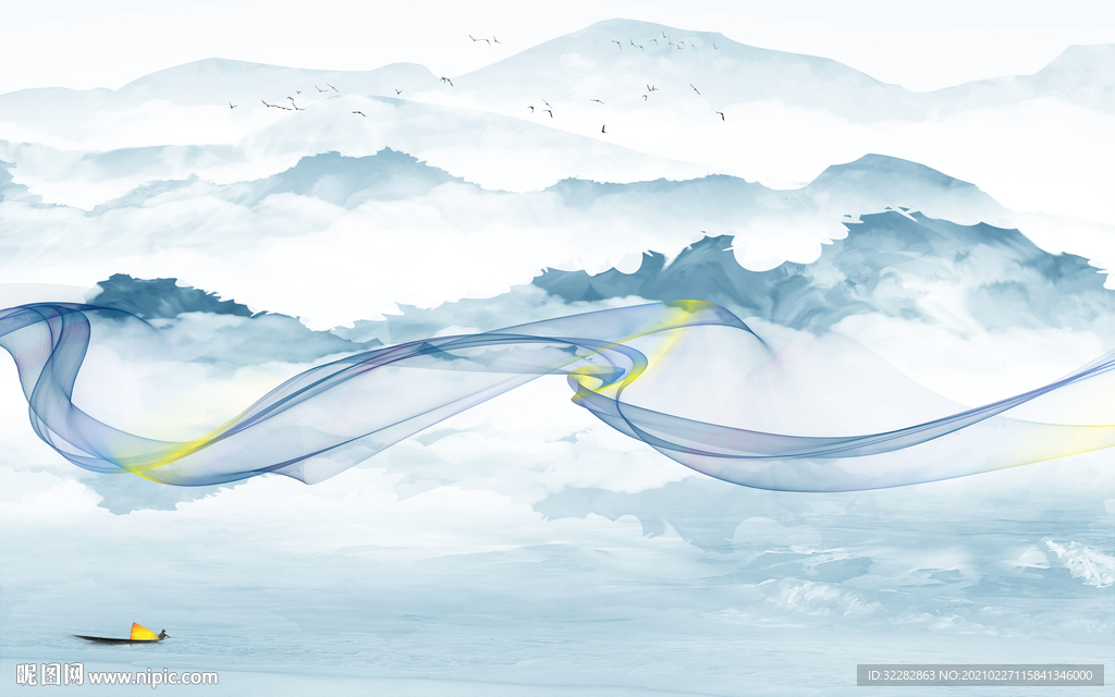 蓝色高档山水画 文件分层