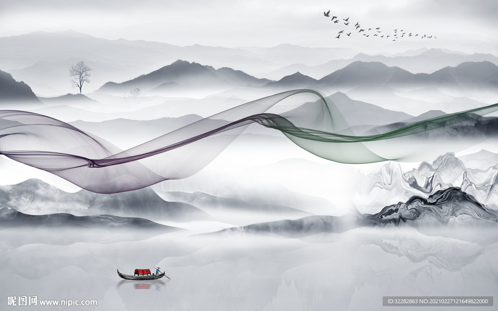 群山高档山水画 文件分层