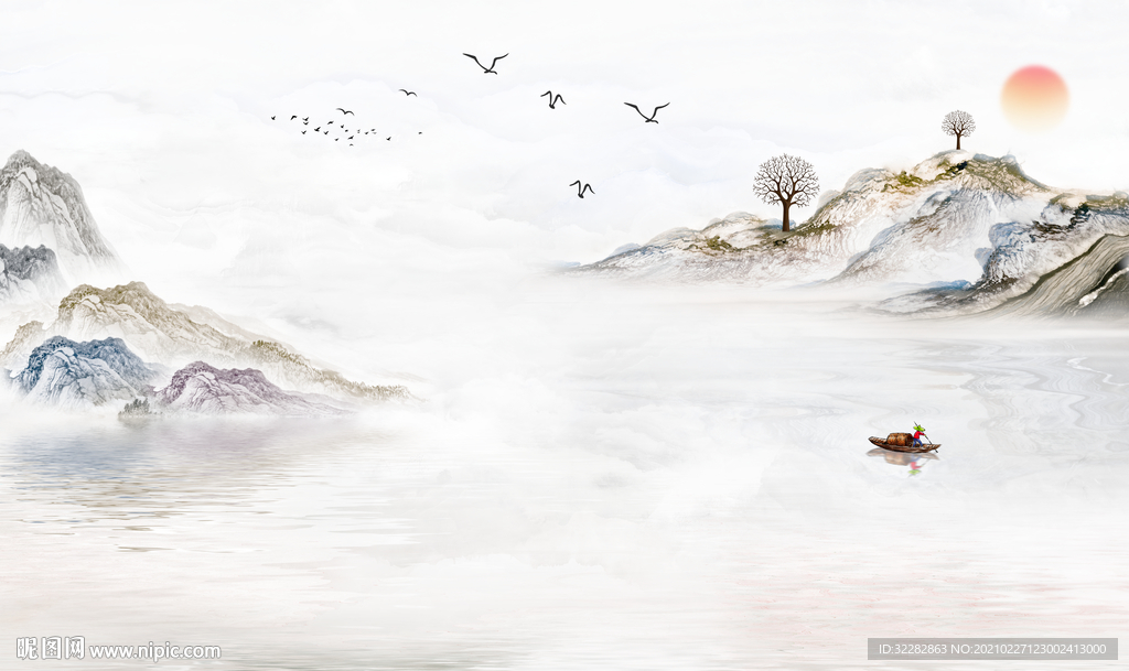 简约新中式山水画 文件分层