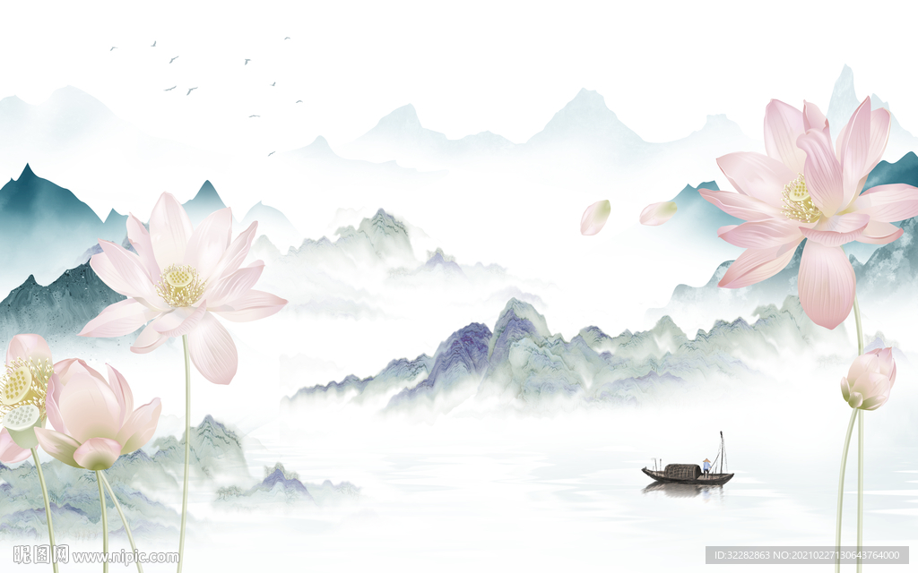 荷花新中式山水画 文件分层