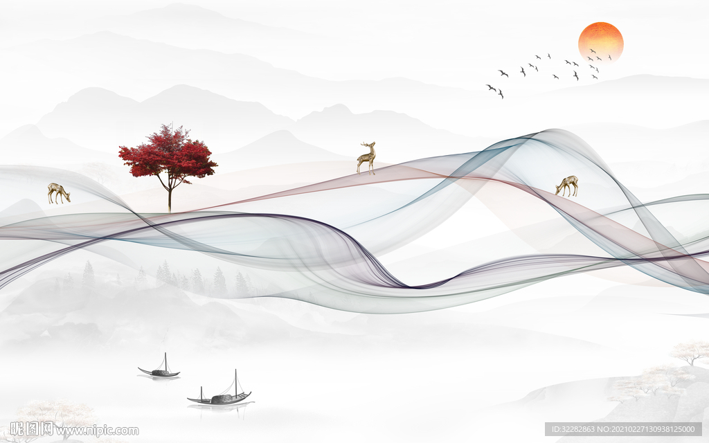 新款新中式山水画 文件分层