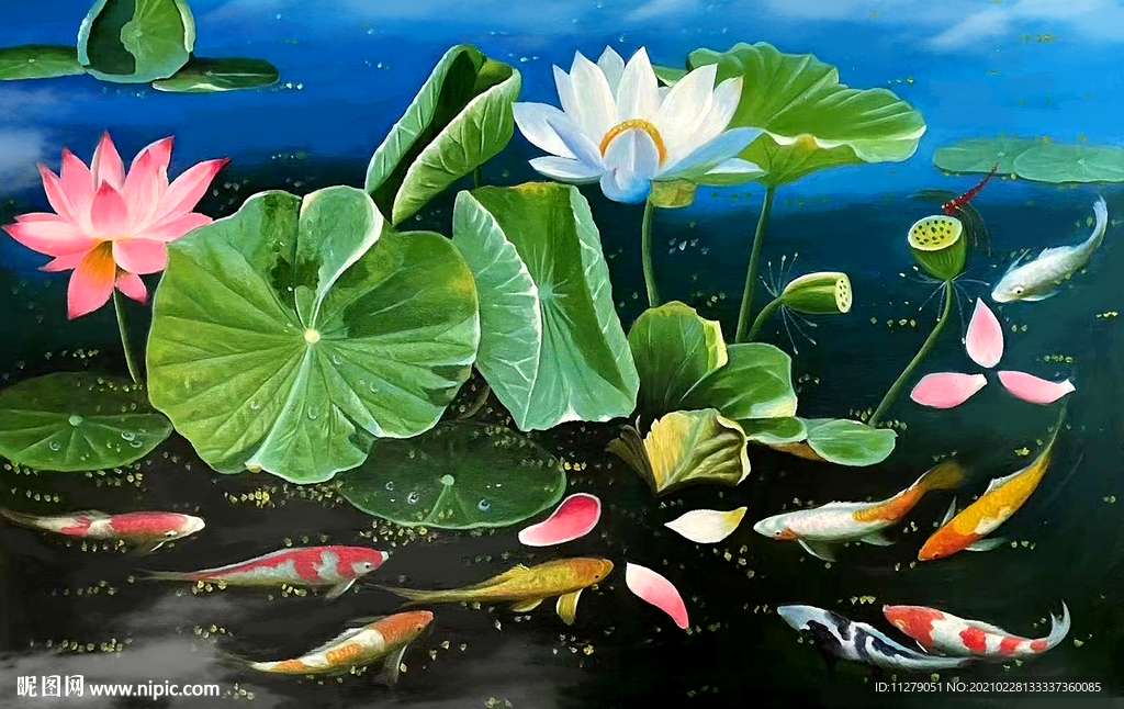 荷花九鱼图