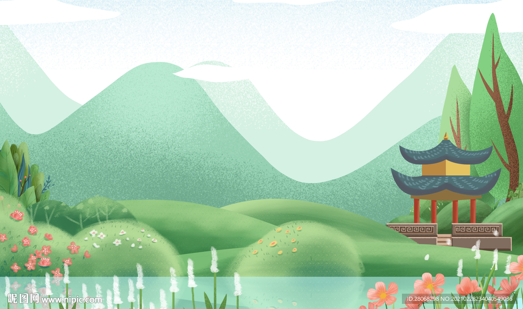 春季郊游插画风景山水背景