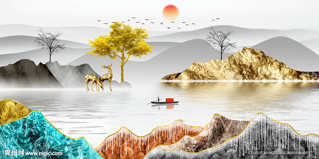 麋鹿山水金箔画