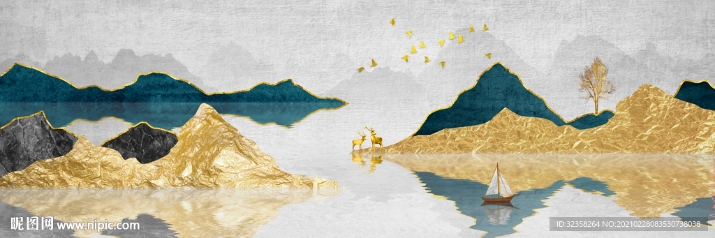 金色山水画玄关