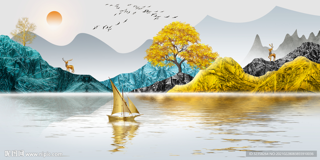 麋鹿山水晶瓷画