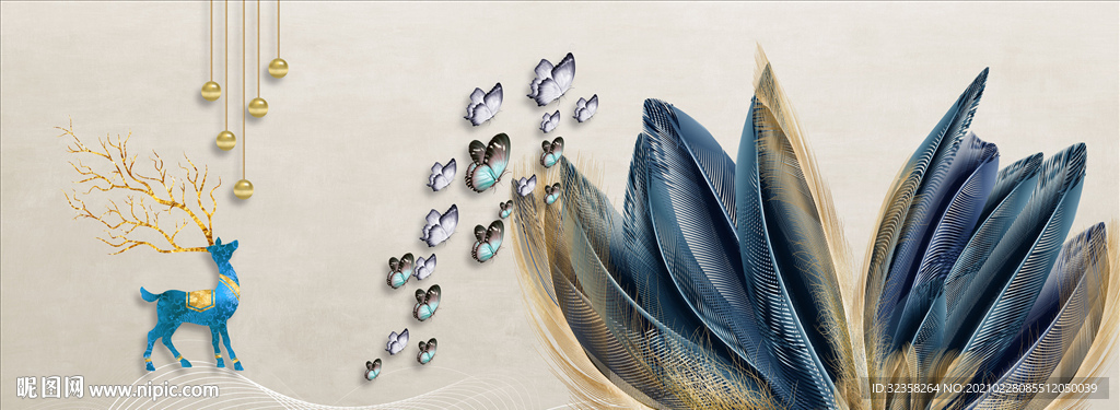 金色羽毛麋鹿蝴蝶玄关