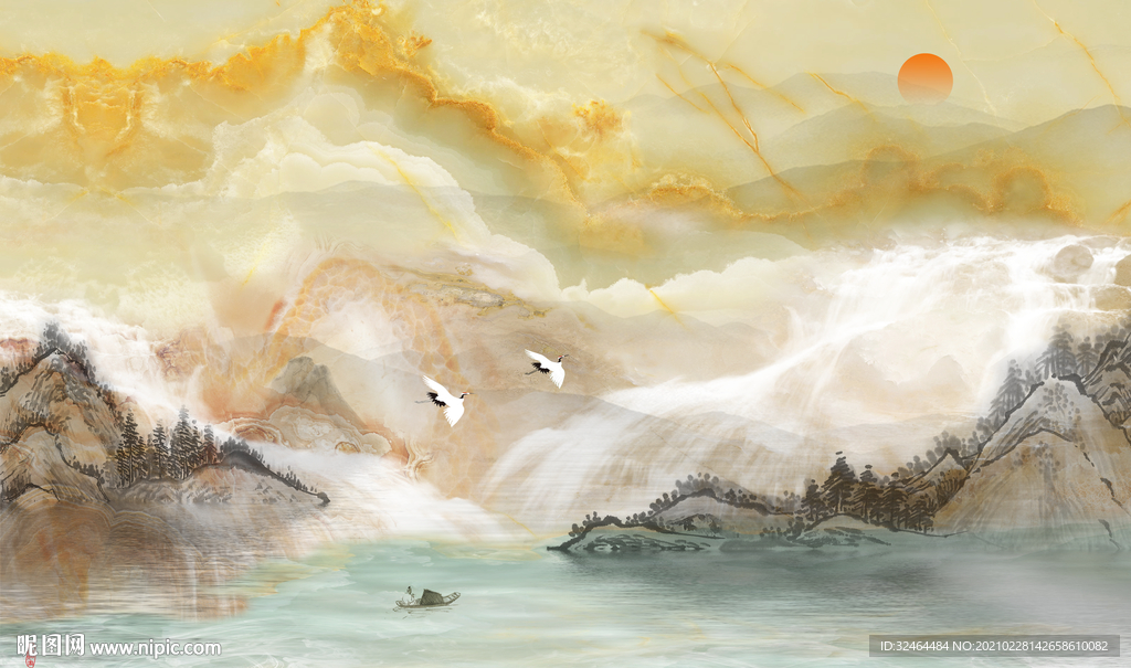 新中式水墨山水大理石电视背景墙