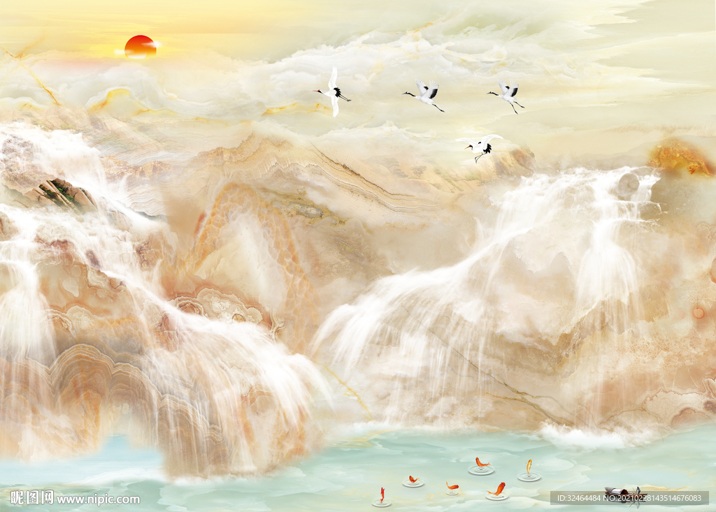 新中式水墨山水大理石电视背景墙