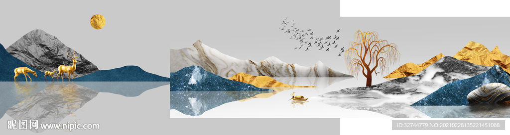 麋鹿山水金箔画