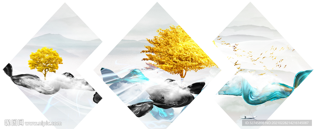 发财树丝带三联画