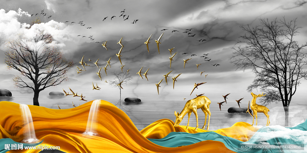 轻奢富贵装饰画玄关电视背景素材