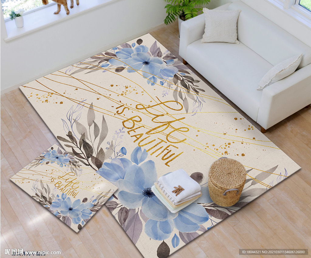 轻奢英文蓝色花朵地毯地垫