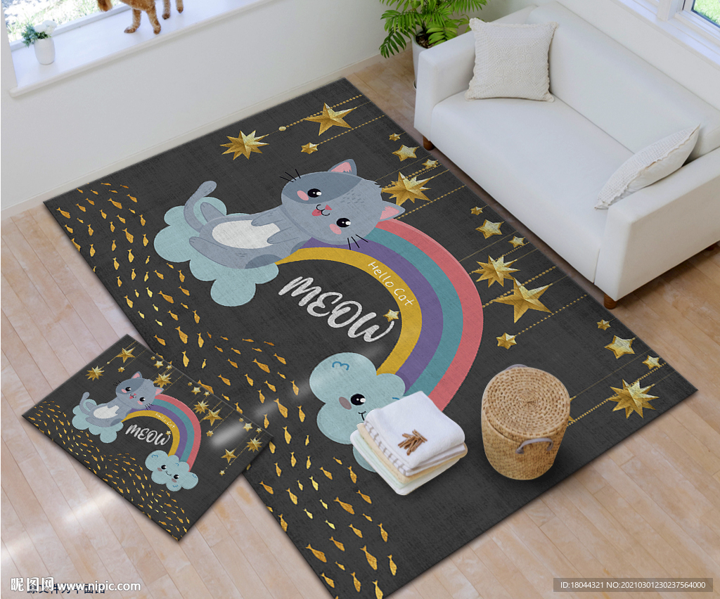 彩虹猫咪星星鱼群地垫地毯