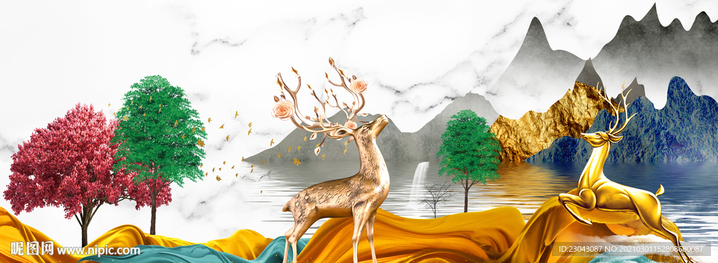 麋鹿山水装饰画