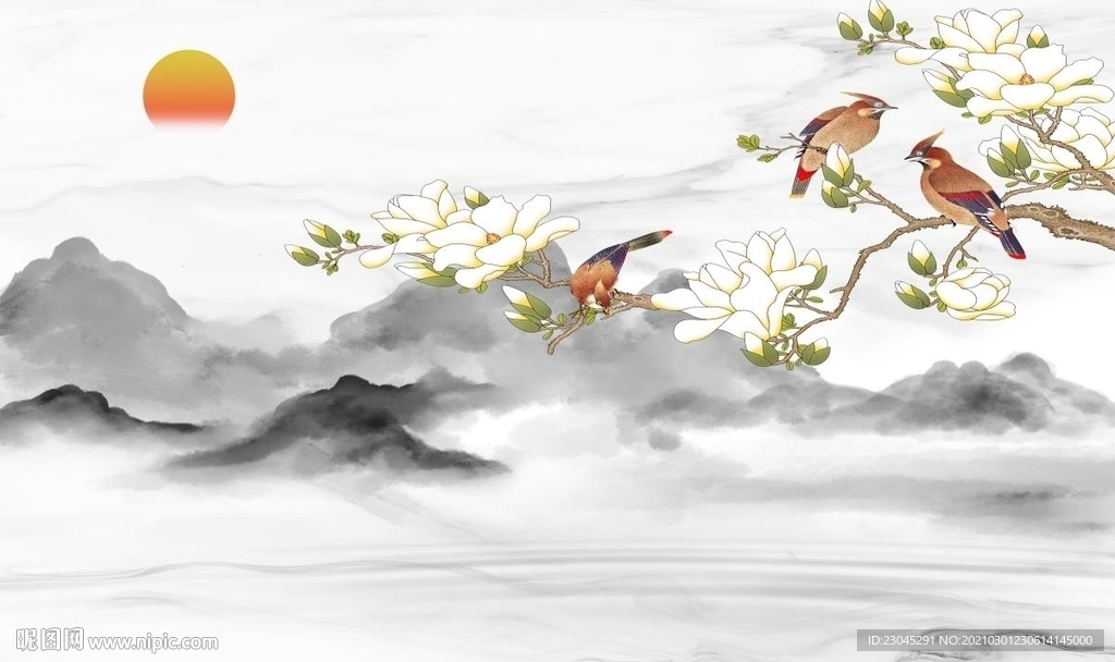 旭日东升白玉兰画眉电视背景墙