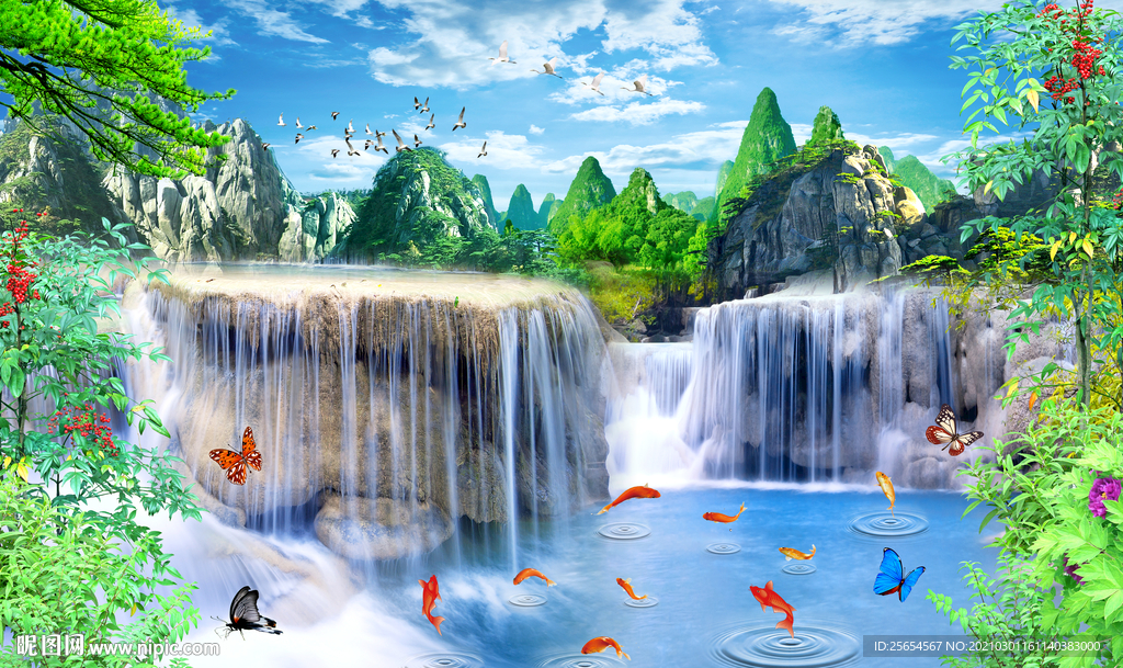 世外桃源山水瀑布流水生财背景墙