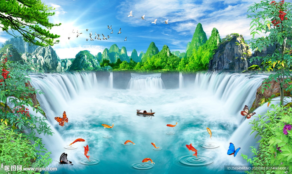 流水瀑布风景背景墙