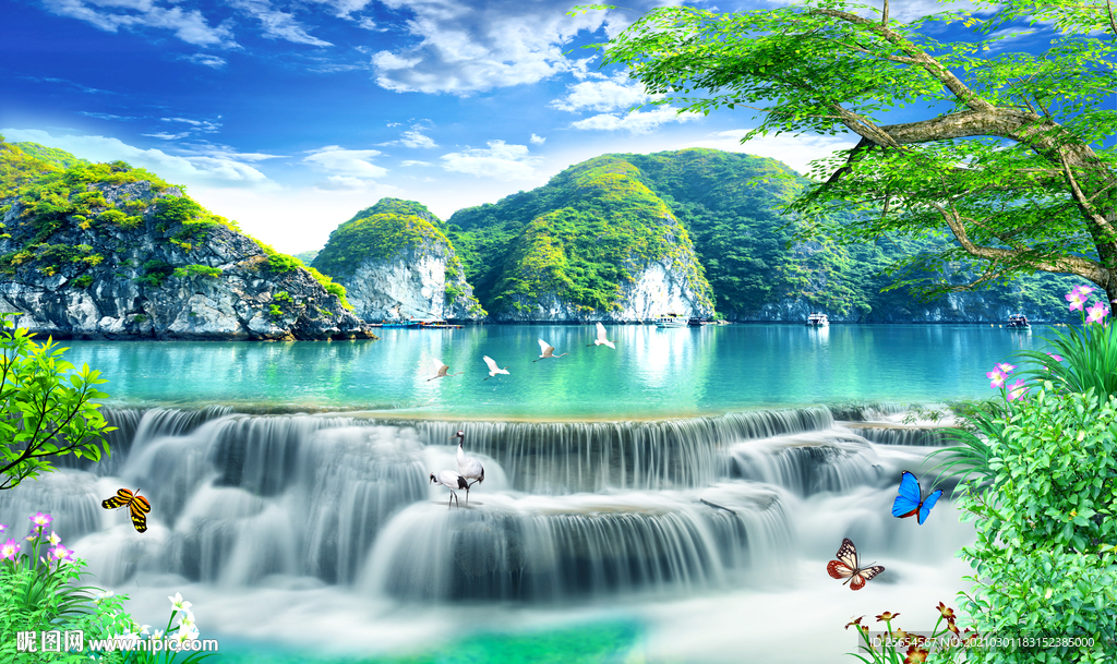 流水绿色瀑布电视背景墙装饰画