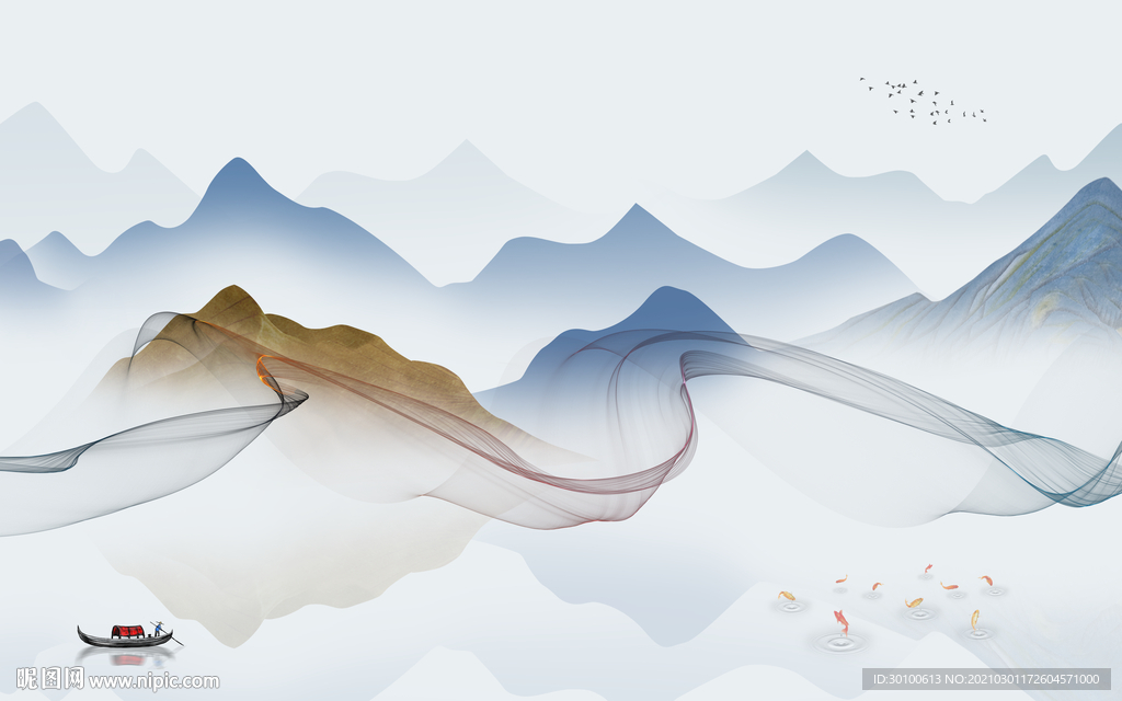 线条山水画背景墙 TIF分层