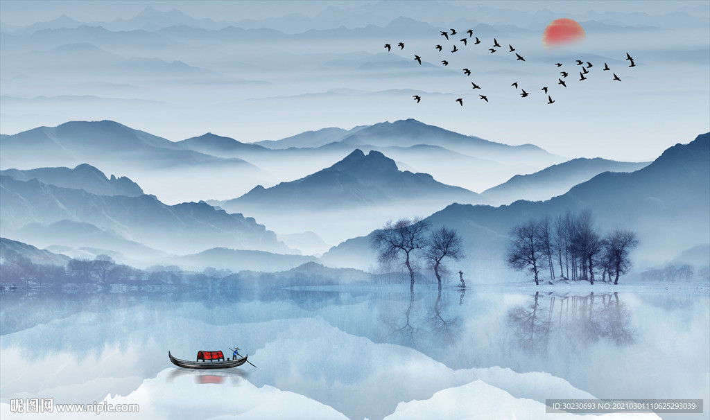 蓝色水墨山水背景