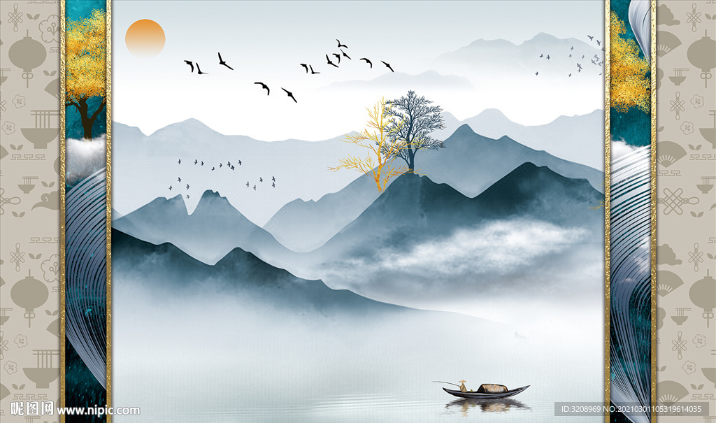 中式风格山水墙纸电视背景画