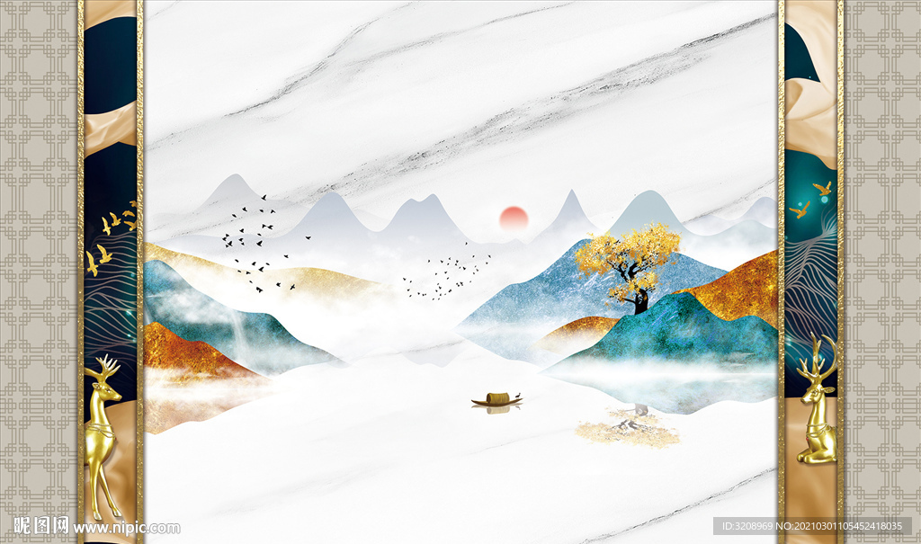 中式风格山水墙纸电视背景画